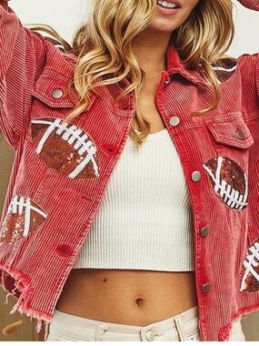 Red Corduroy Jacket with Football Appliqués